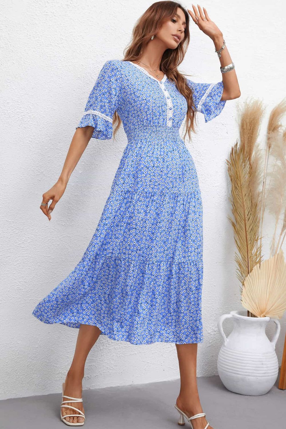 Floral V-Neck Smocked Waist Midi Dress Print on any thing USA/STOD clothes