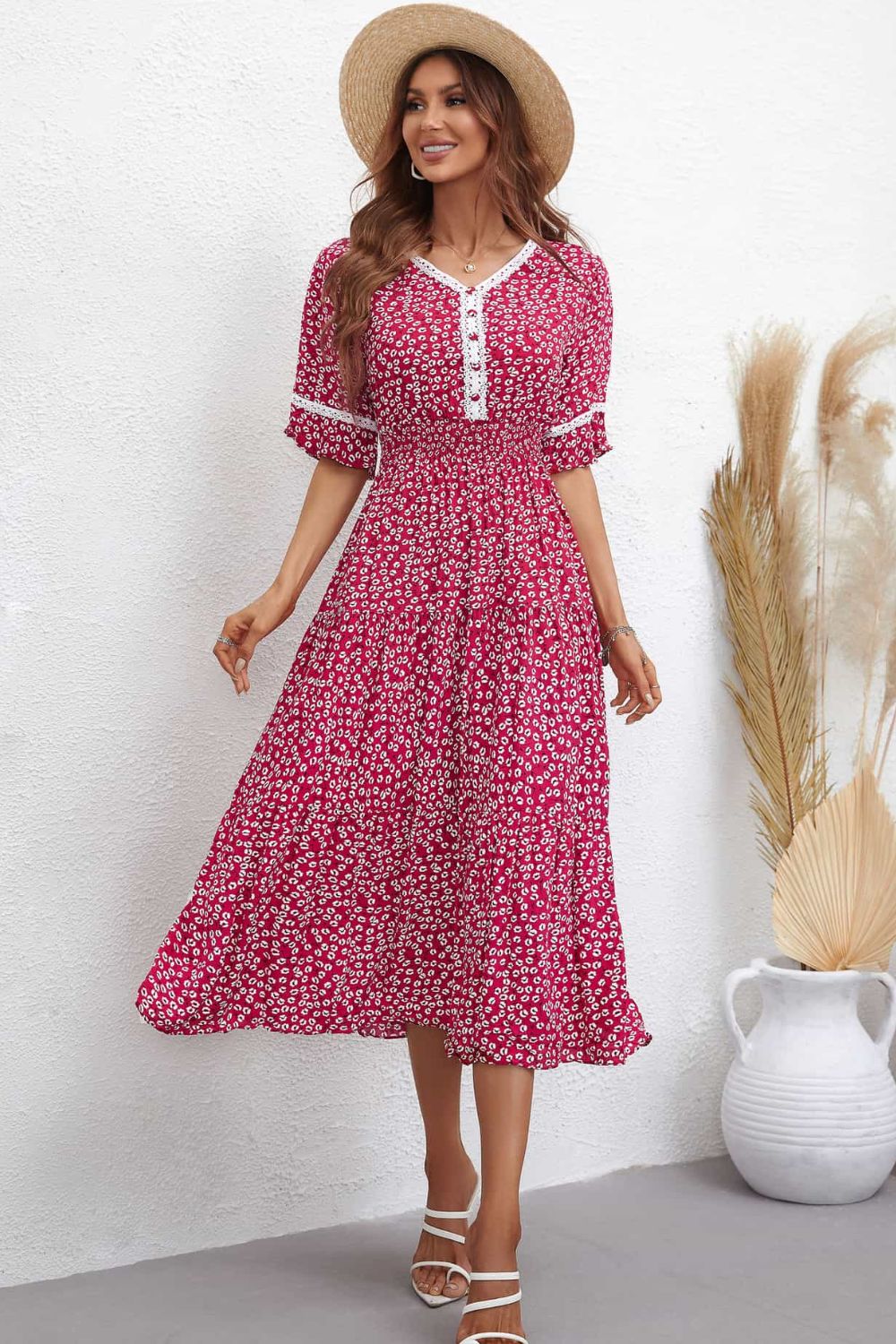 Floral V-Neck Smocked Waist Midi Dress Print on any thing USA/STOD clothes