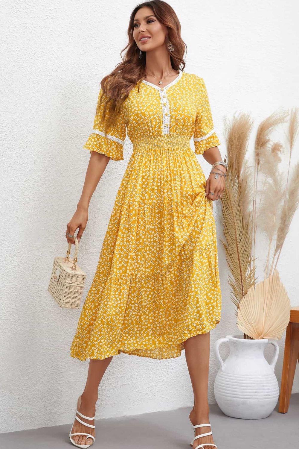 Floral V-Neck Smocked Waist Midi Dress Print on any thing USA/STOD clothes