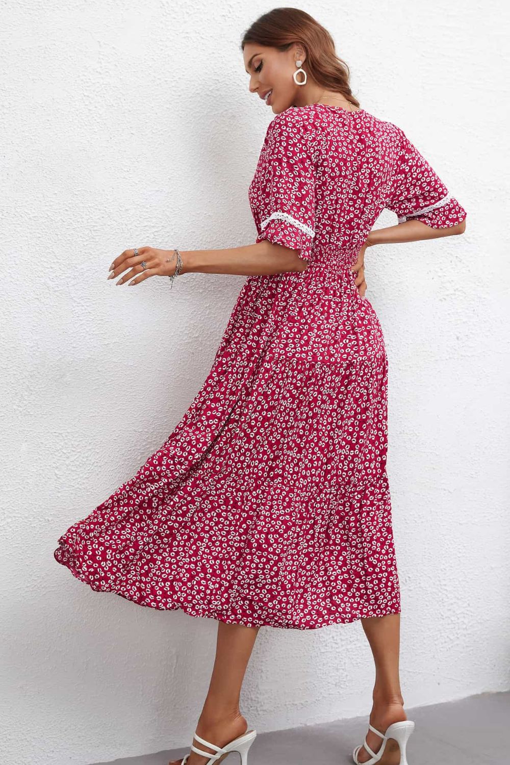 Floral V-Neck Smocked Waist Midi Dress Print on any thing USA/STOD clothes