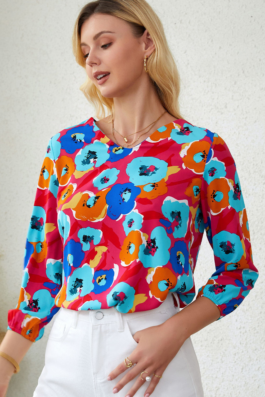 Floral V-Neck Three-Quarter Sleeve Top Print on any thing USA/STOD clothes