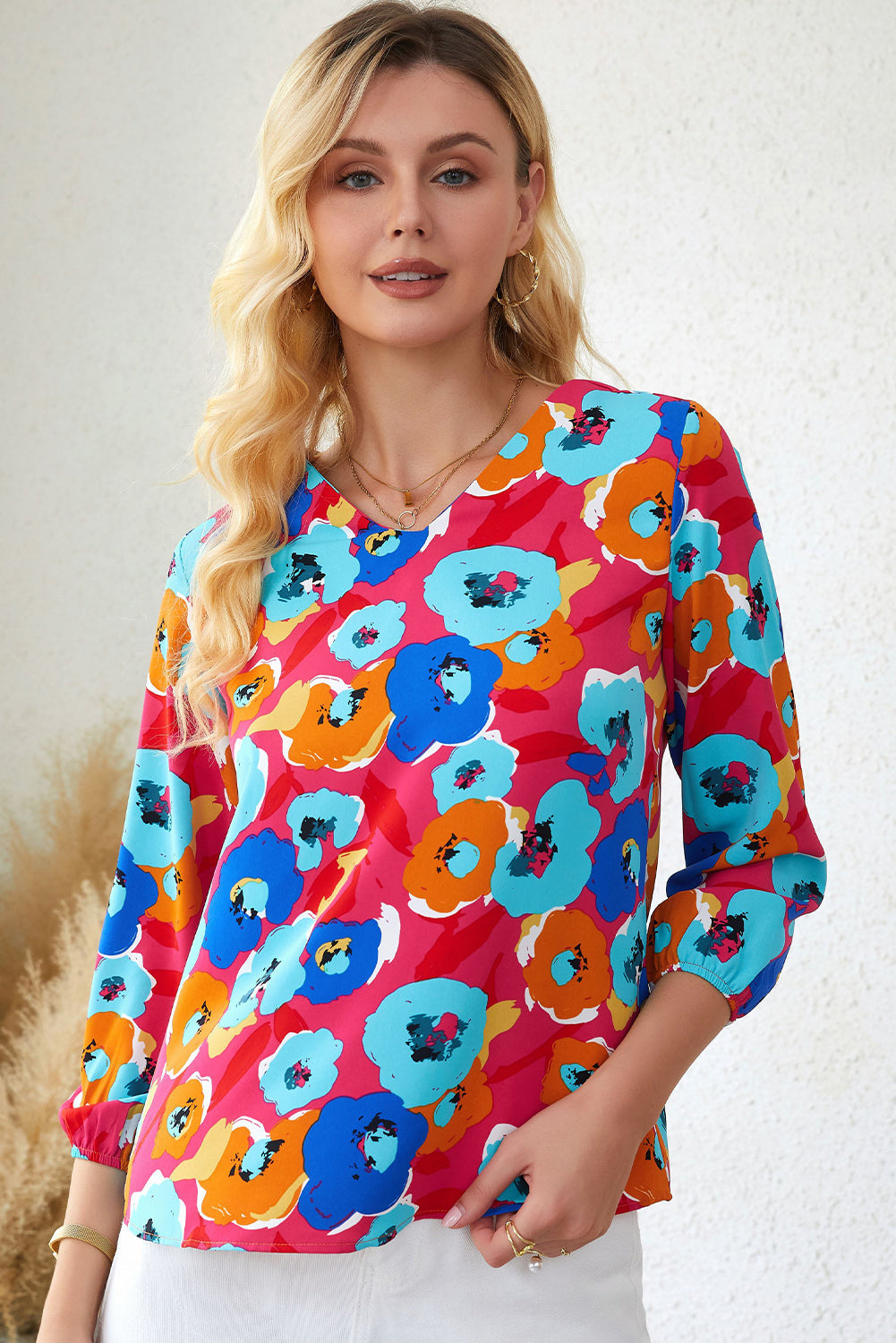 Floral V-Neck Three-Quarter Sleeve Top Print on any thing USA/STOD clothes