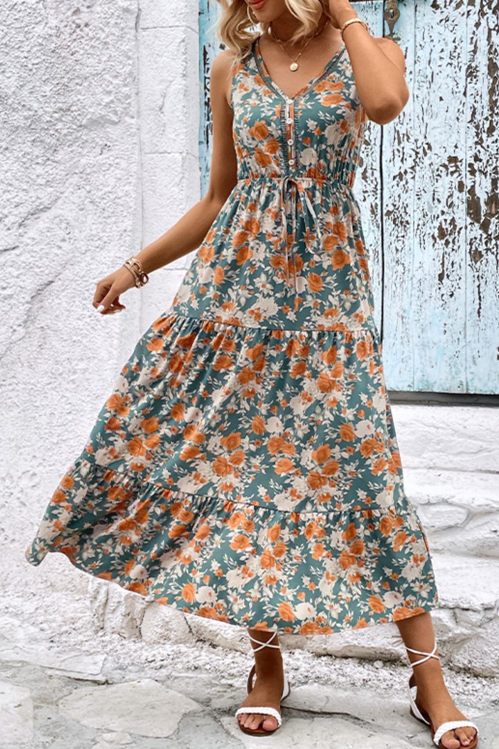 Floral V-Neck Tiered Sleeveless Dress Print on any thing USA/STOD clothes