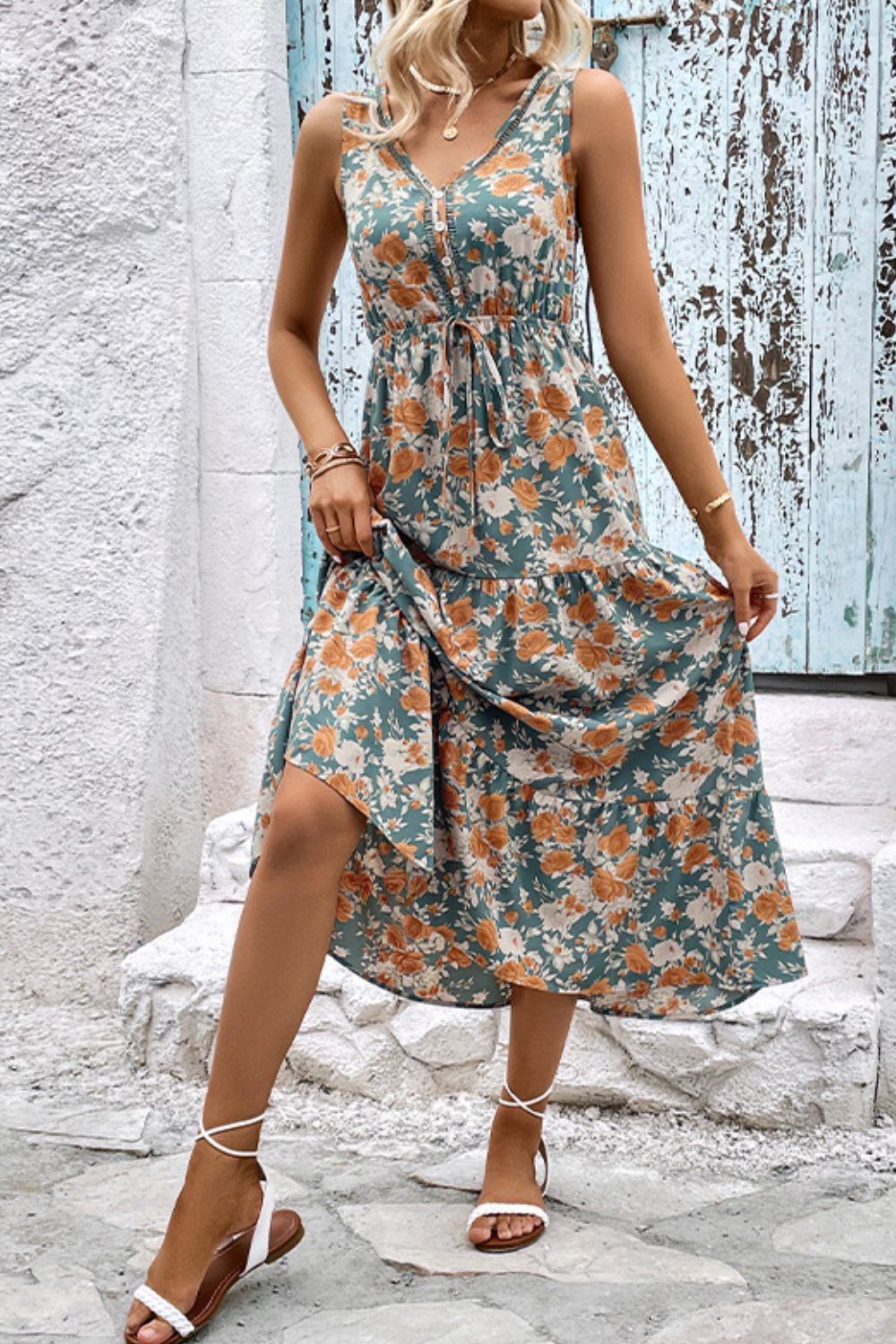 Floral V-Neck Tiered Sleeveless Dress Print on any thing USA/STOD clothes