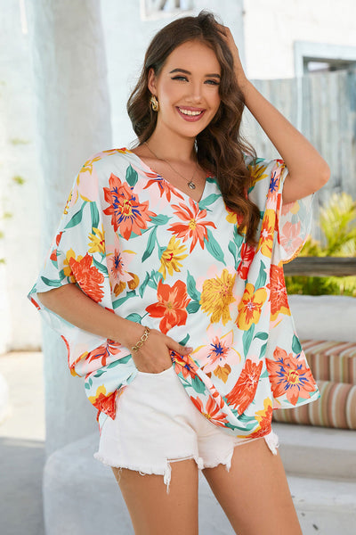 Floral V-Neck Tunic Blouse Print on any thing USA/STOD clothes