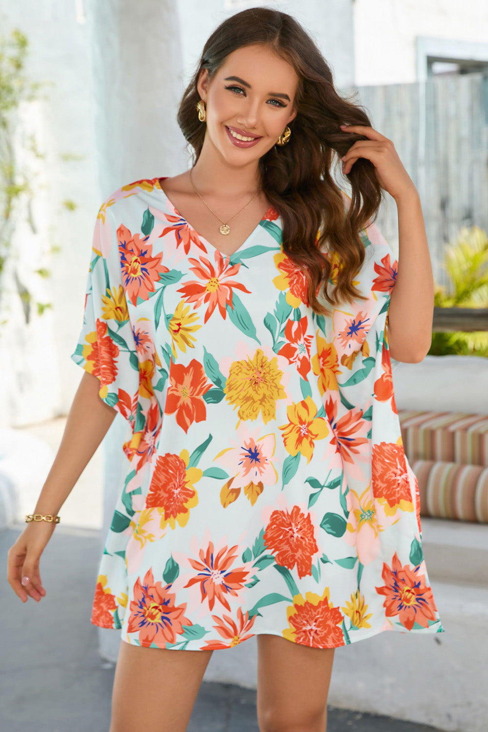 Floral V-Neck Tunic Blouse Print on any thing USA/STOD clothes