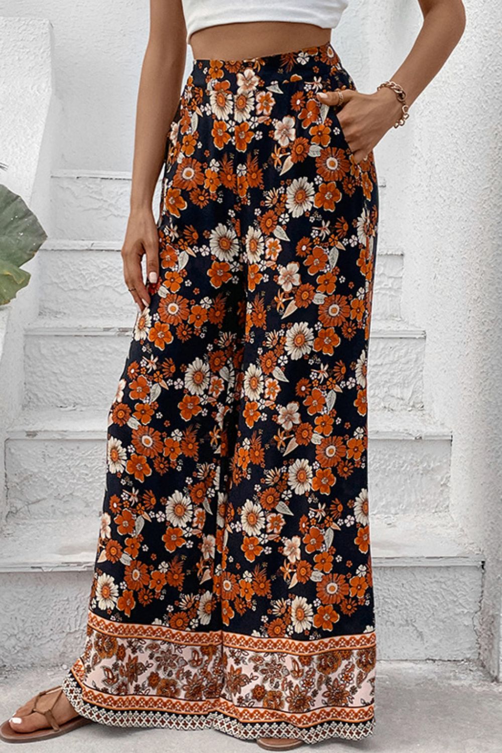 Floral Wide Leg Pants with Pockets Print on any thing USA/STOD clothes