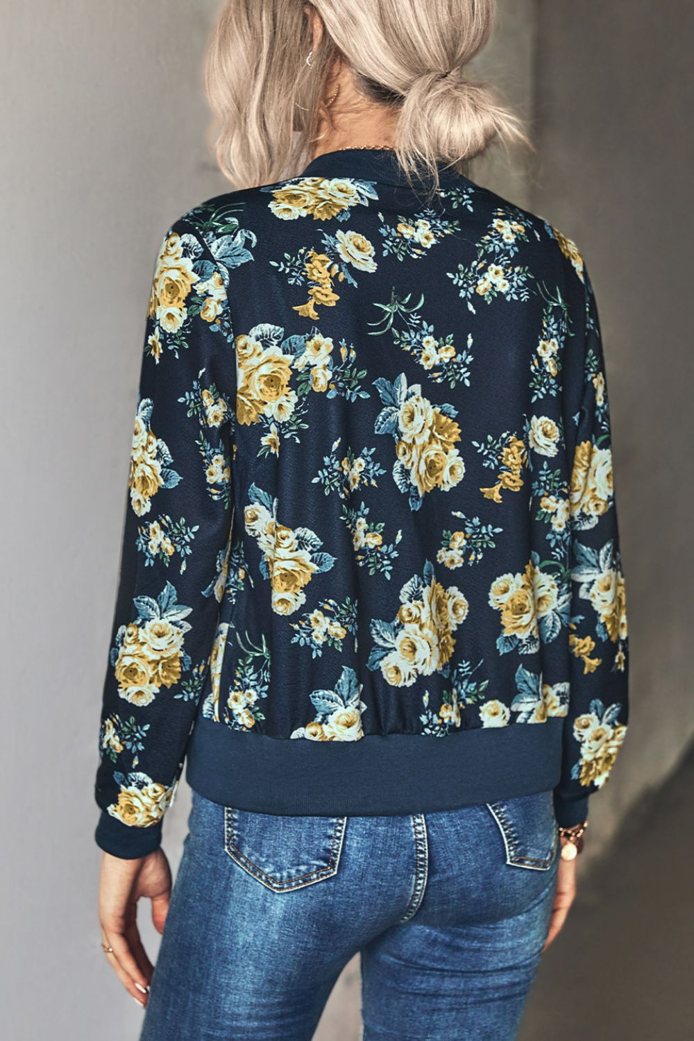 Floral Zip Up Ribbed Trim Bomber Jacket Print on any thing USA/STOD clothes