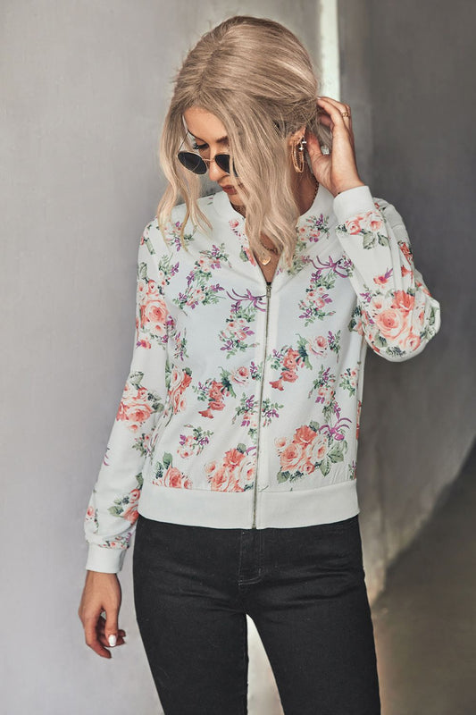 Floral Zip Up Ribbed Trim Bomber Jacket Print on any thing USA/STOD clothes