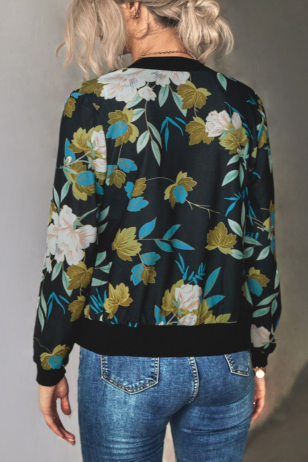 Floral Zip Up Ribbed Trim Bomber Jacket Print on any thing USA/STOD clothes