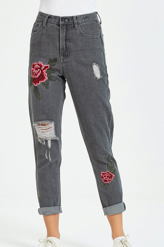 Flower Embroidery Distressed Jeans Print on any thing USA/STOD clothes