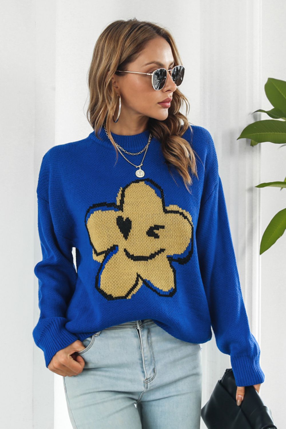 Flower Graphic Drop Shoulder Sweater Print on any thing USA/STOD clothes