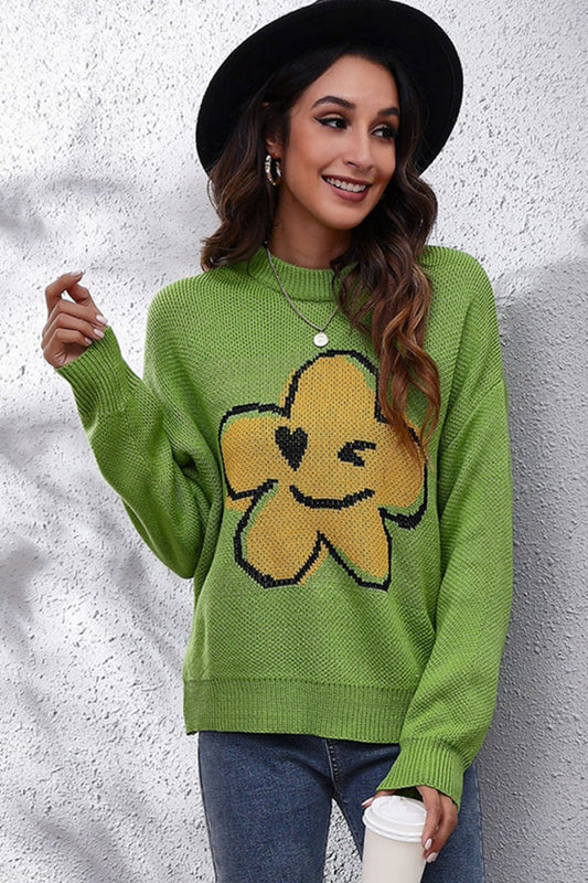 Flower Graphic Drop Shoulder Sweater Print on any thing USA/STOD clothes