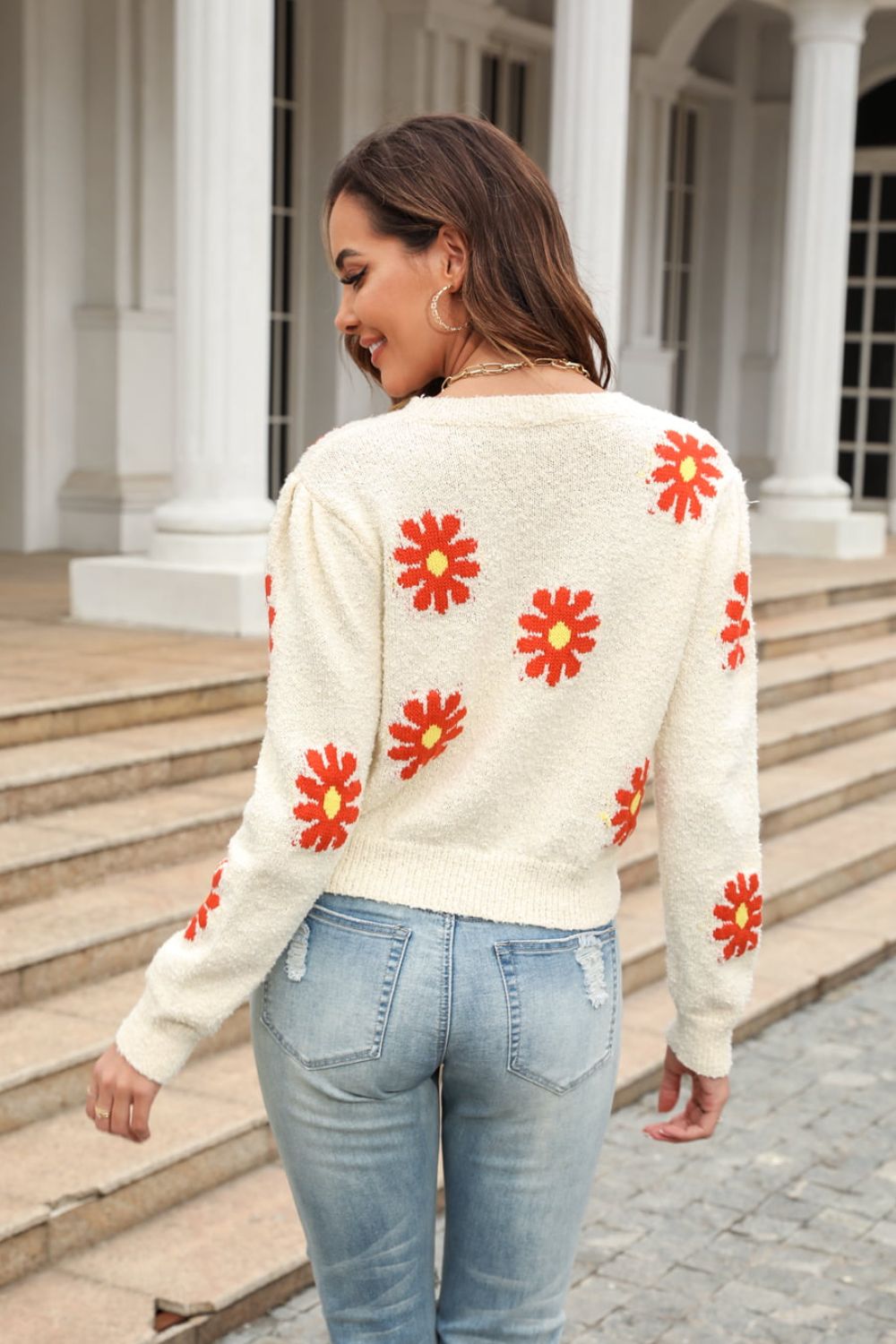 Flower Pattern Round Neck Short Sleeve Pullover Sweater Print on any thing USA/STOD clothes