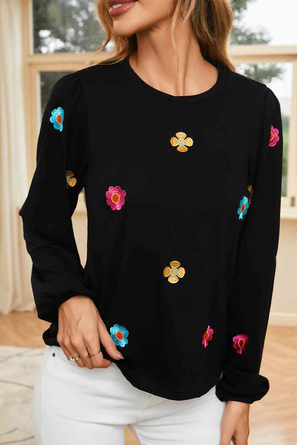 Flower Round Neck Balloon Sleeve Blouse Print on any thing USA/STOD clothes