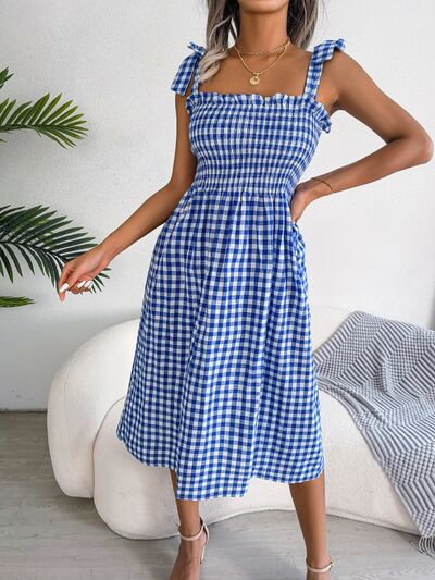 Frill Plaid Square Neck Midi Dress Print on any thing USA/STOD clothes