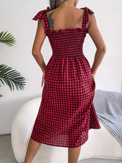 Frill Plaid Square Neck Midi Dress Print on any thing USA/STOD clothes