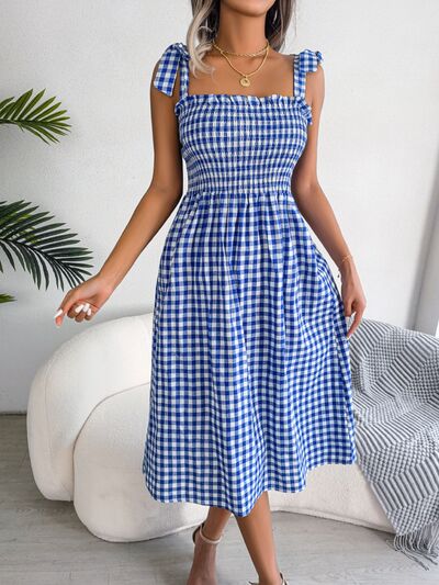 Frill Plaid Square Neck Midi Dress Print on any thing USA/STOD clothes