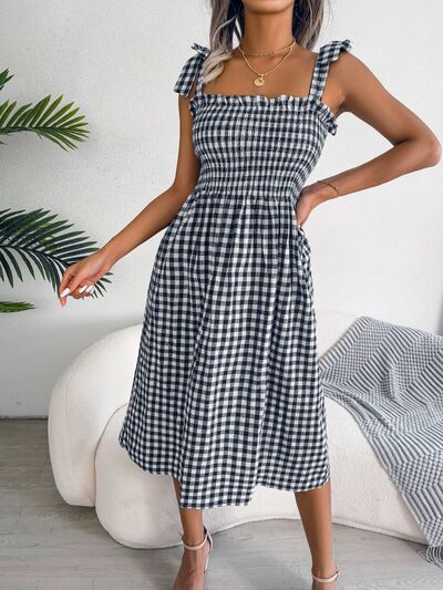 Frill Plaid Square Neck Midi Dress Print on any thing USA/STOD clothes