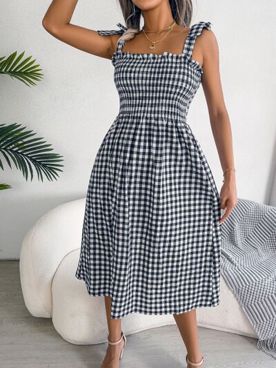 Frill Plaid Square Neck Midi Dress Print on any thing USA/STOD clothes