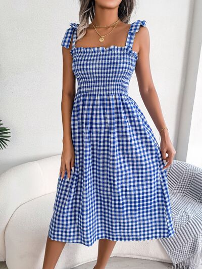 Frill Plaid Square Neck Midi Dress Print on any thing USA/STOD clothes