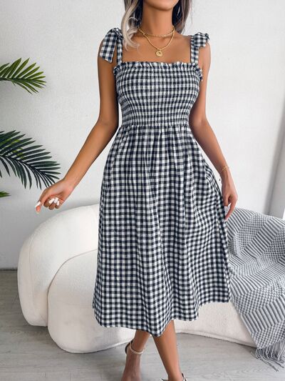 Frill Plaid Square Neck Midi Dress Print on any thing USA/STOD clothes