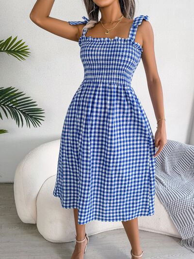 Frill Plaid Square Neck Midi Dress Print on any thing USA/STOD clothes