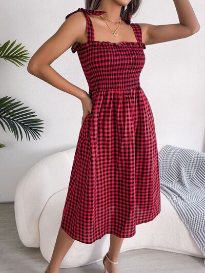 Frill Plaid Square Neck Midi Dress Print on any thing USA/STOD clothes