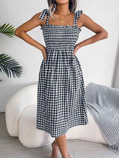 Frill Plaid Square Neck Midi Dress Print on any thing USA/STOD clothes