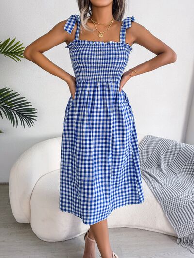 Frill Plaid Square Neck Midi Dress Print on any thing USA/STOD clothes