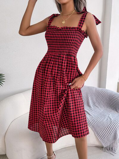 Frill Plaid Square Neck Midi Dress Print on any thing USA/STOD clothes