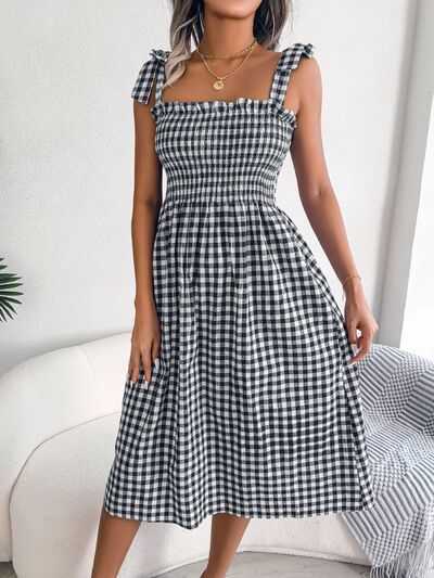 Frill Plaid Square Neck Midi Dress Print on any thing USA/STOD clothes