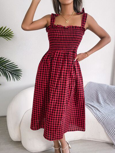 Frill Plaid Square Neck Midi Dress Print on any thing USA/STOD clothes