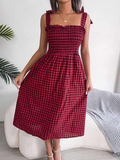 Frill Plaid Square Neck Midi Dress Print on any thing USA/STOD clothes