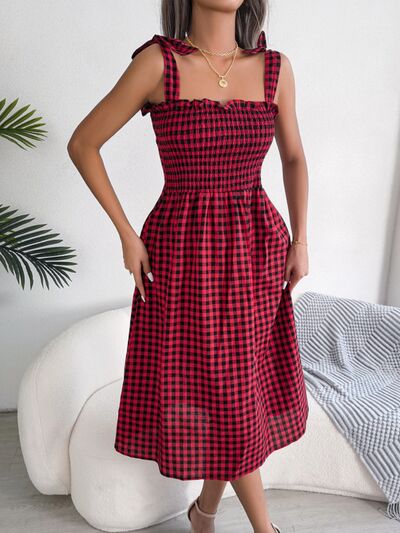 Frill Plaid Square Neck Midi Dress Print on any thing USA/STOD clothes