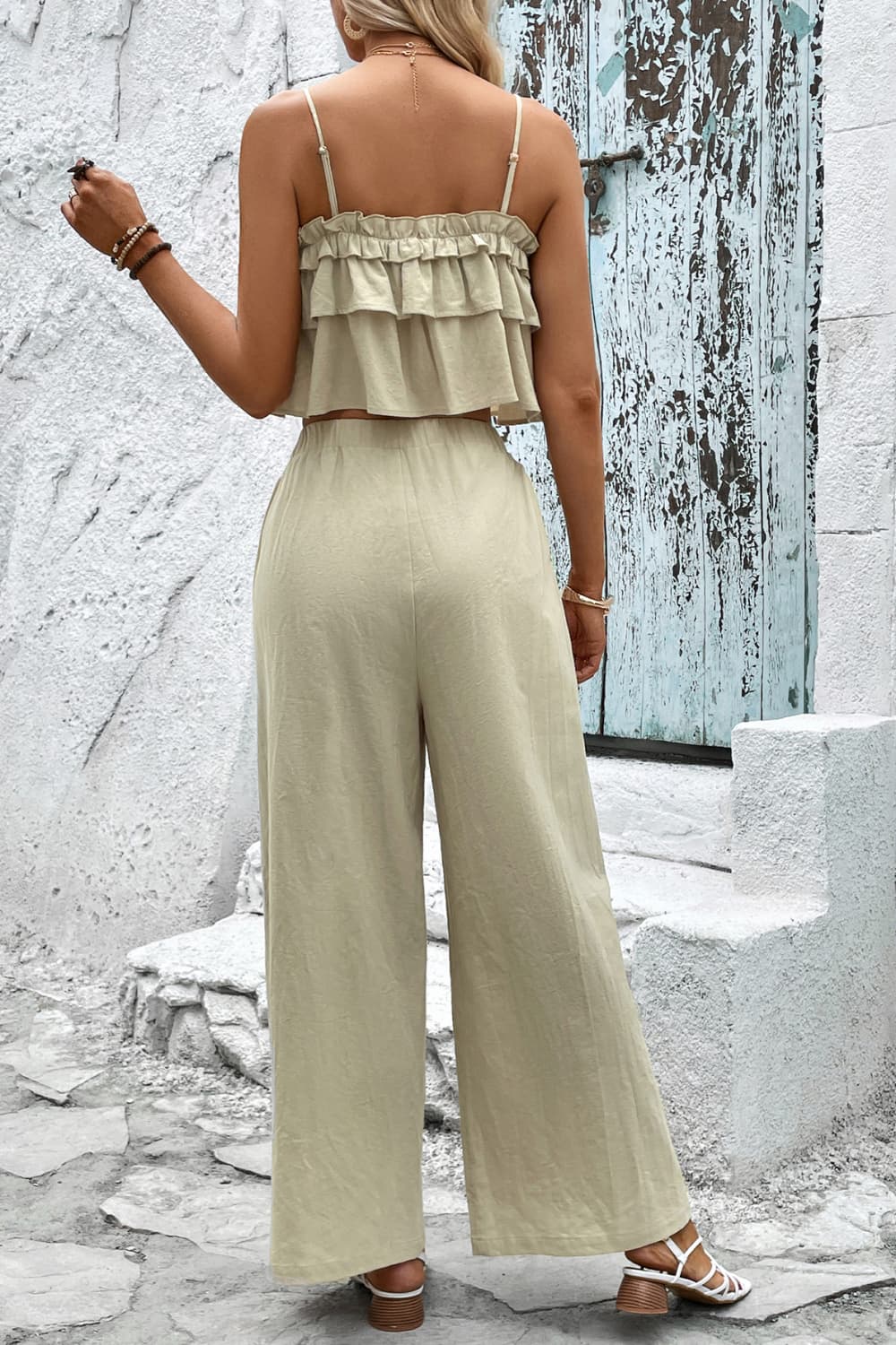 Frill Trim Cami and Wide Leg Pants Set Print on any thing USA/STOD clothes