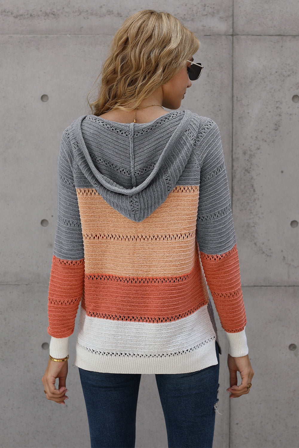Full Size Color Block Knitted Hoodie Print on any thing USA/STOD clothes