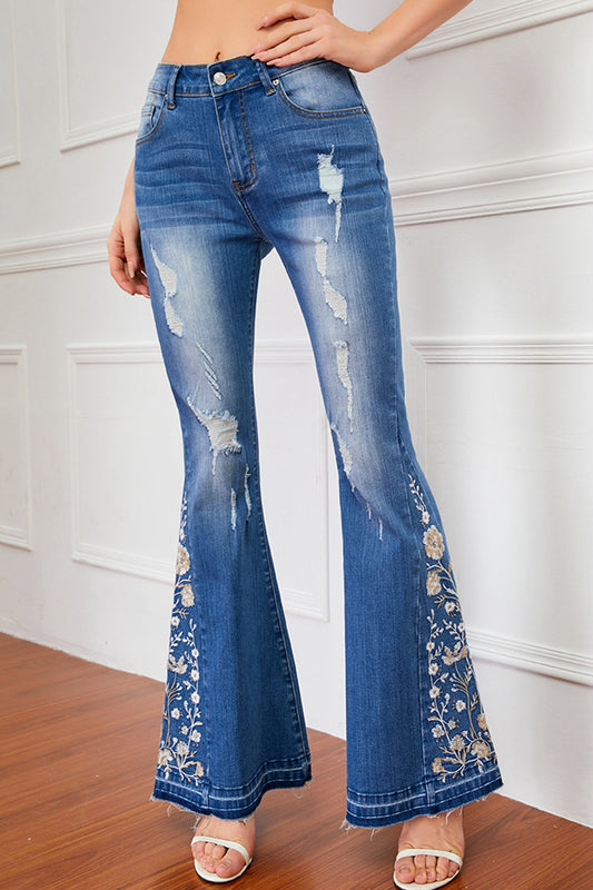 Full Size Flower Embroidery Distressed Jeans Print on any thing USA/STOD clothes