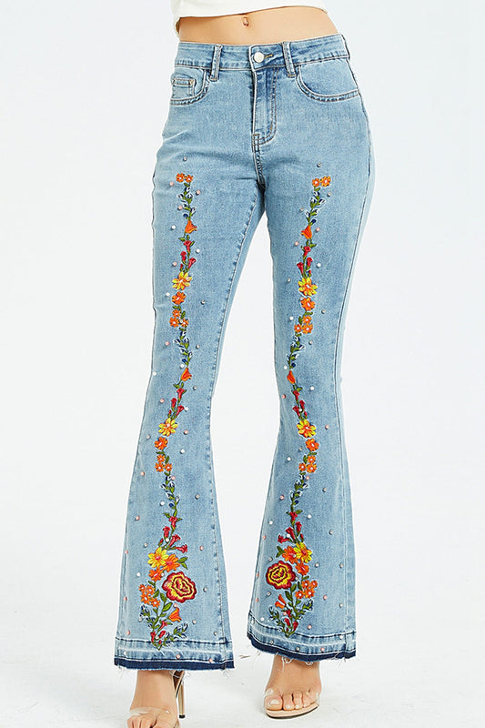 Full Size Flower Embroidery Wide Leg Jeans Print on any thing USA/STOD clothes