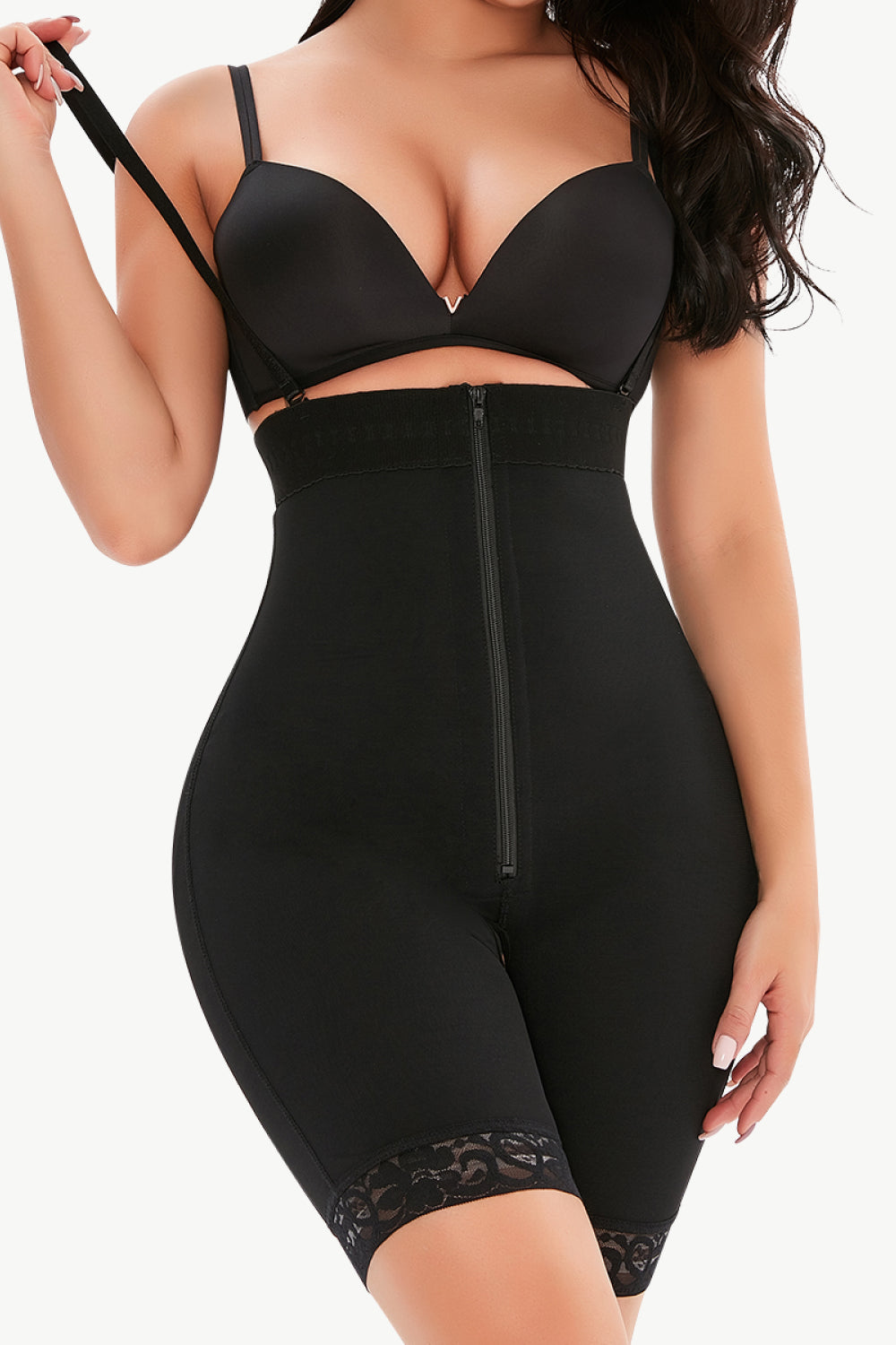 Full Size Lace Detail Zip-Up Under-Bust Shaping Bodysuit Print on any thing USA/STOD clothes