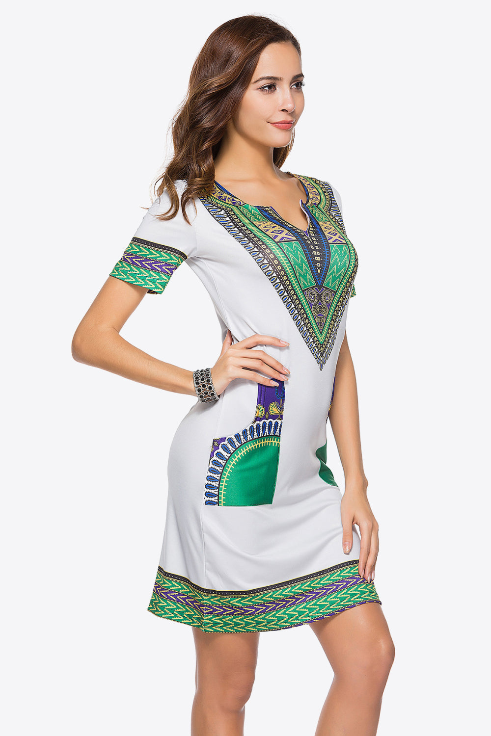 Full Size Printed Notched Neck Short Sleeve Mini Dress Print on any thing USA/STOD clothes