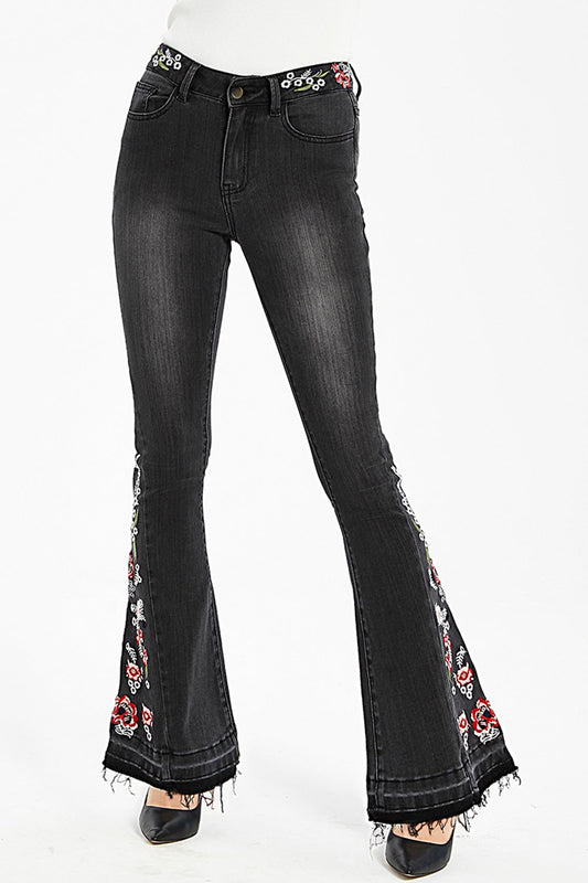 Full Size Raw Hem Flower Embroidery Jeans Print on any thing USA/STOD clothes