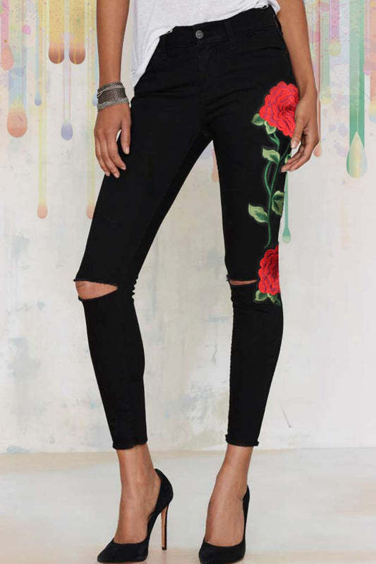 Full Size Rose Embroidery Cutout Jeans Print on any thing USA/STOD clothes