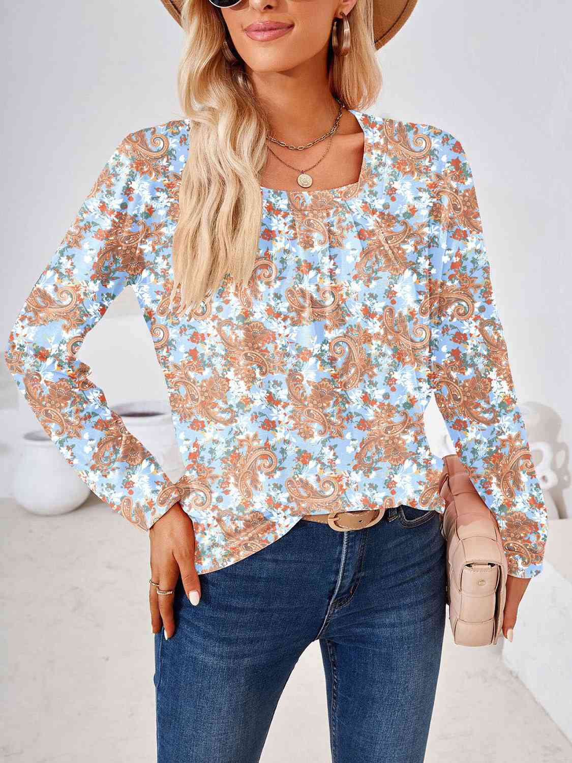 Full Size Square Neck Long Sleeve Blouse Print on any thing USA/STOD clothes