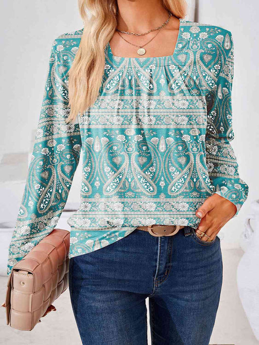 Full Size Square Neck Long Sleeve Blouse Print on any thing USA/STOD clothes