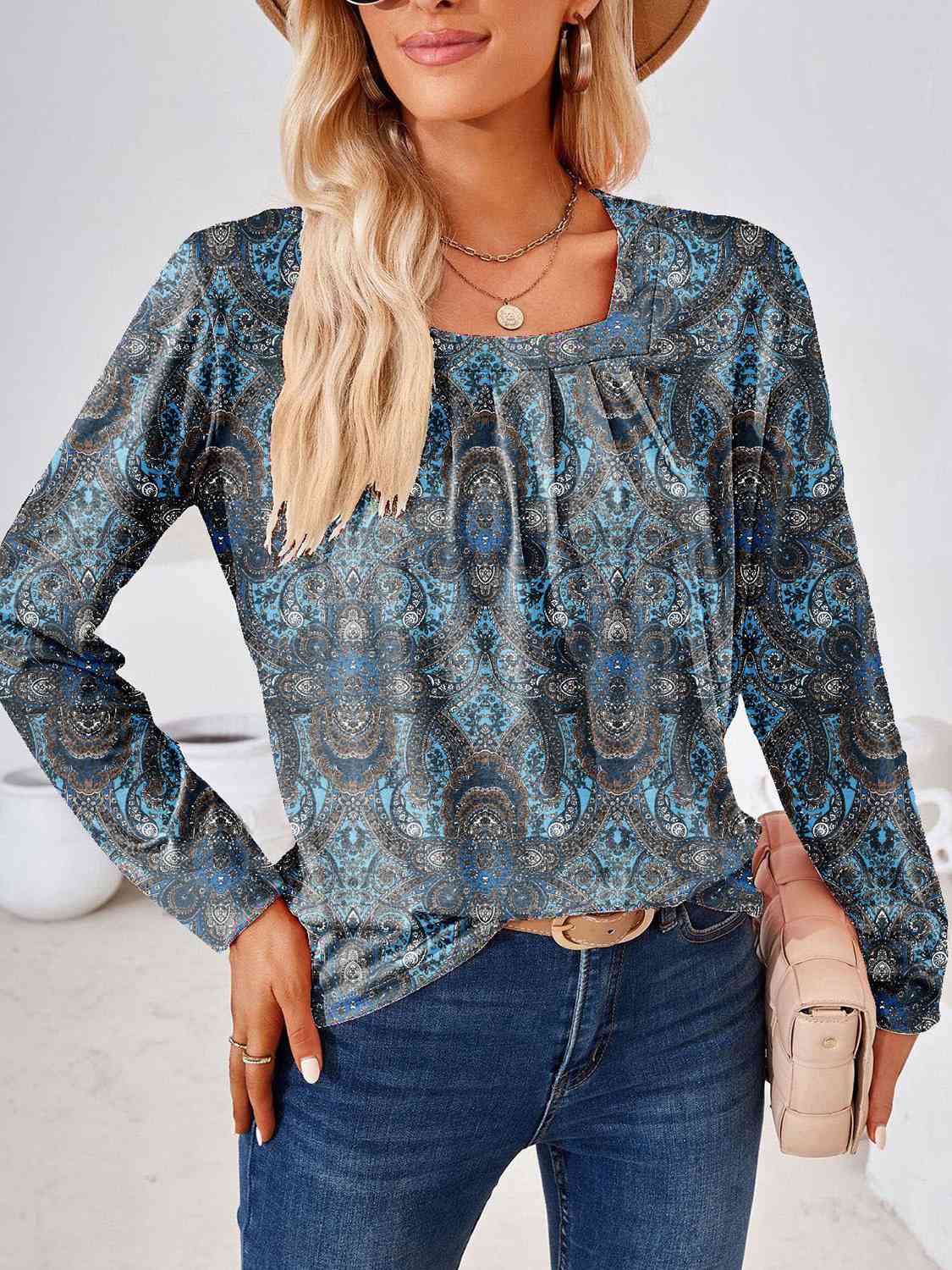 Full Size Square Neck Long Sleeve Blouse Print on any thing USA/STOD clothes