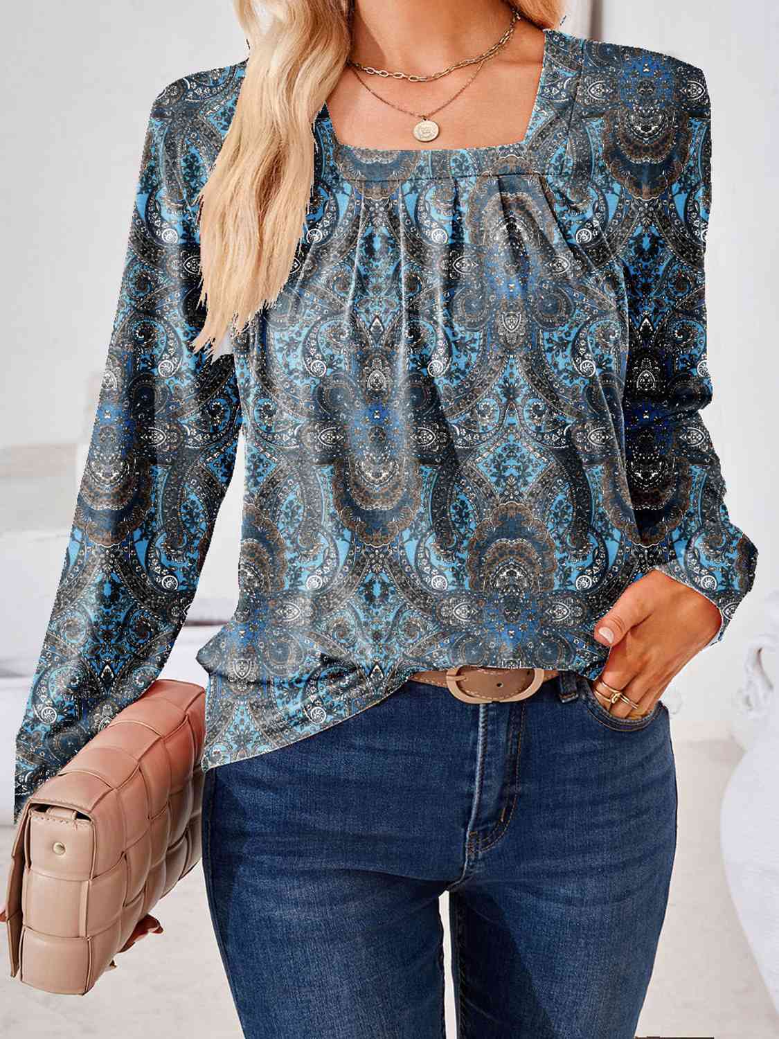 Full Size Square Neck Long Sleeve Blouse Print on any thing USA/STOD clothes