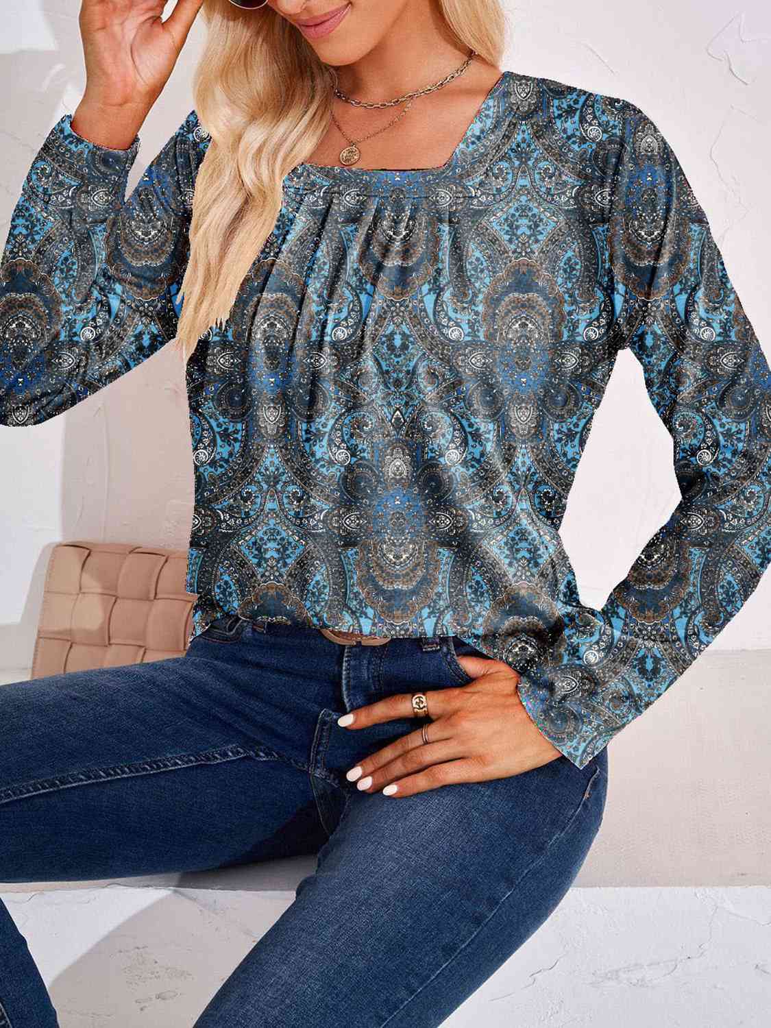 Full Size Square Neck Long Sleeve Blouse Print on any thing USA/STOD clothes