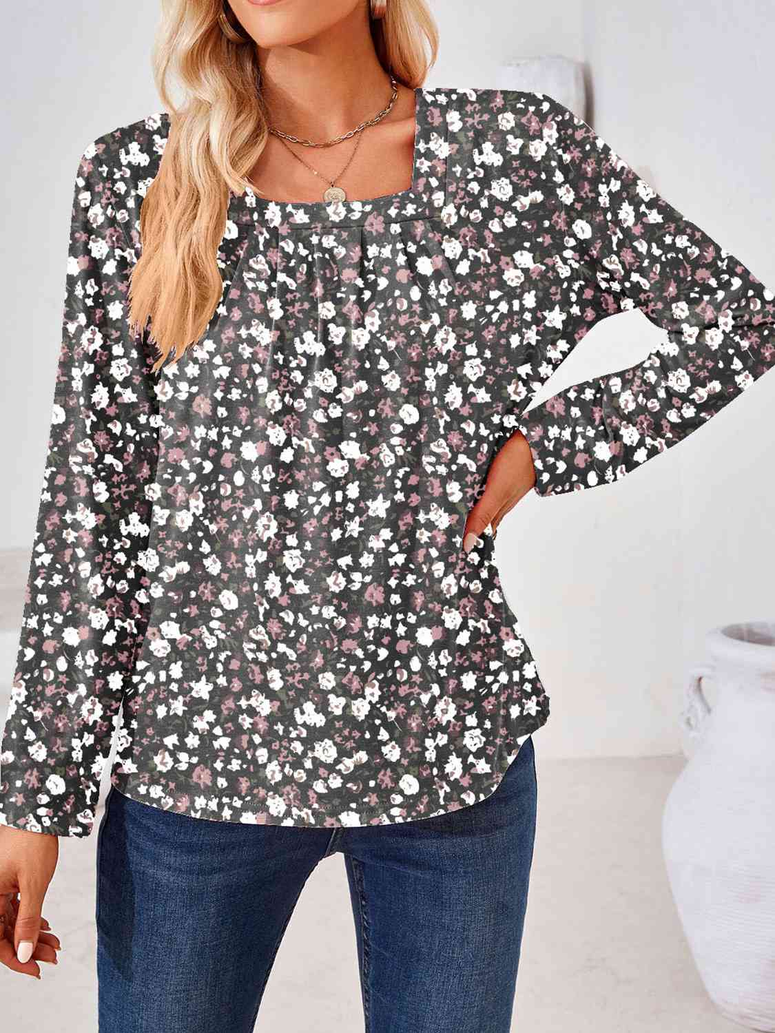 Full Size Square Neck Long Sleeve Blouse Print on any thing USA/STOD clothes