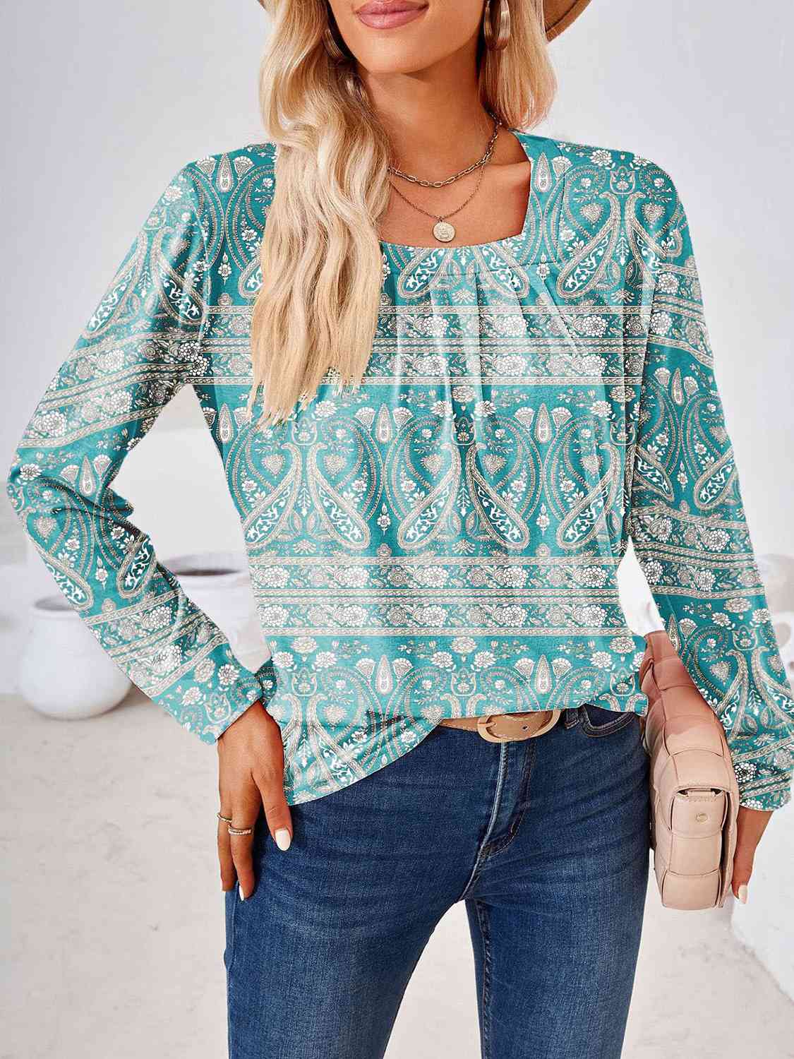 Full Size Square Neck Long Sleeve Blouse Print on any thing USA/STOD clothes